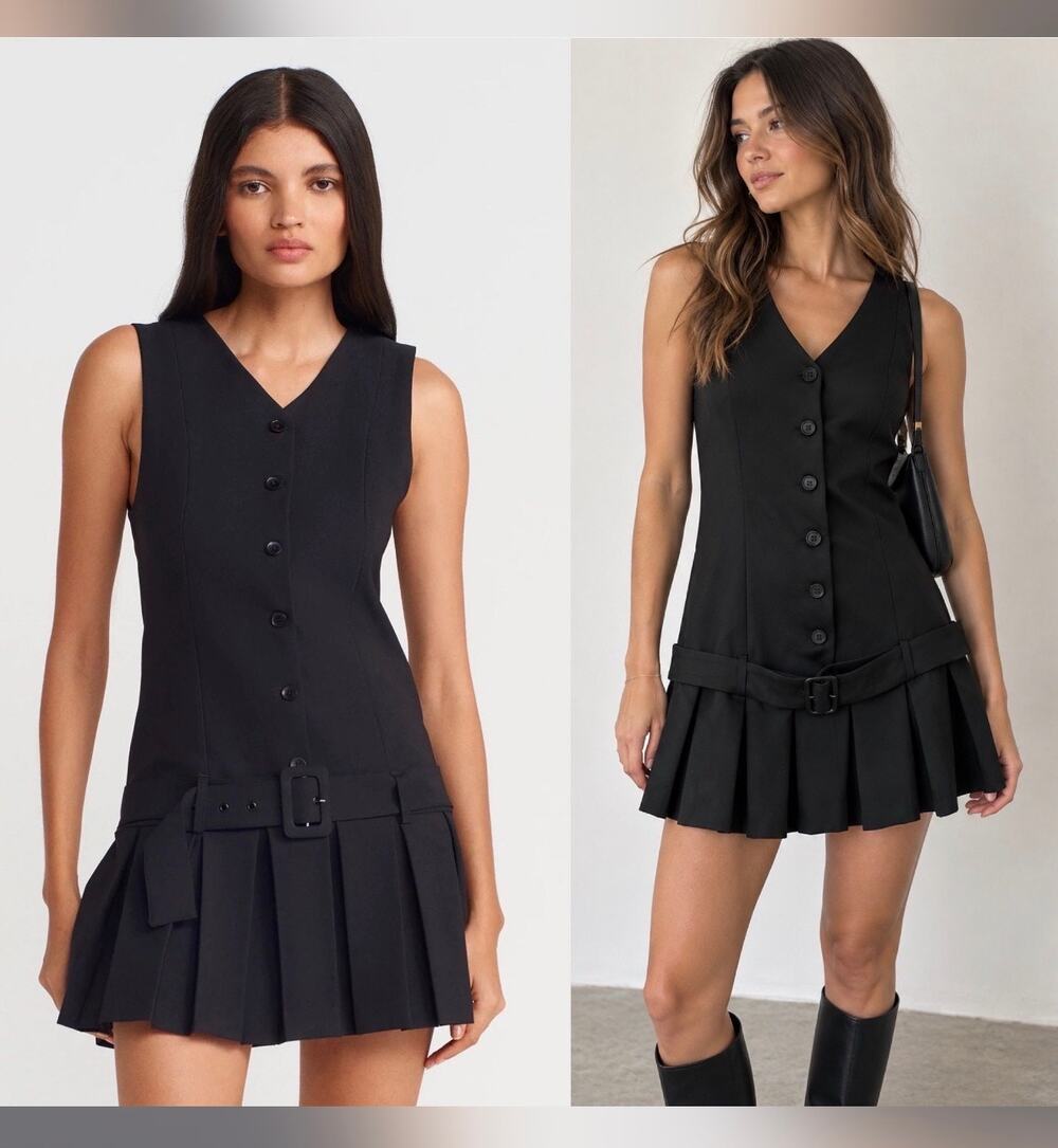 Zara black pleated mini dress with belt in size M #pleated #mini